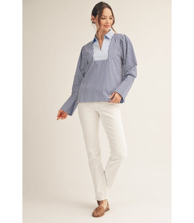 Mae Solid Contrast Accent Stripe Woven Top
