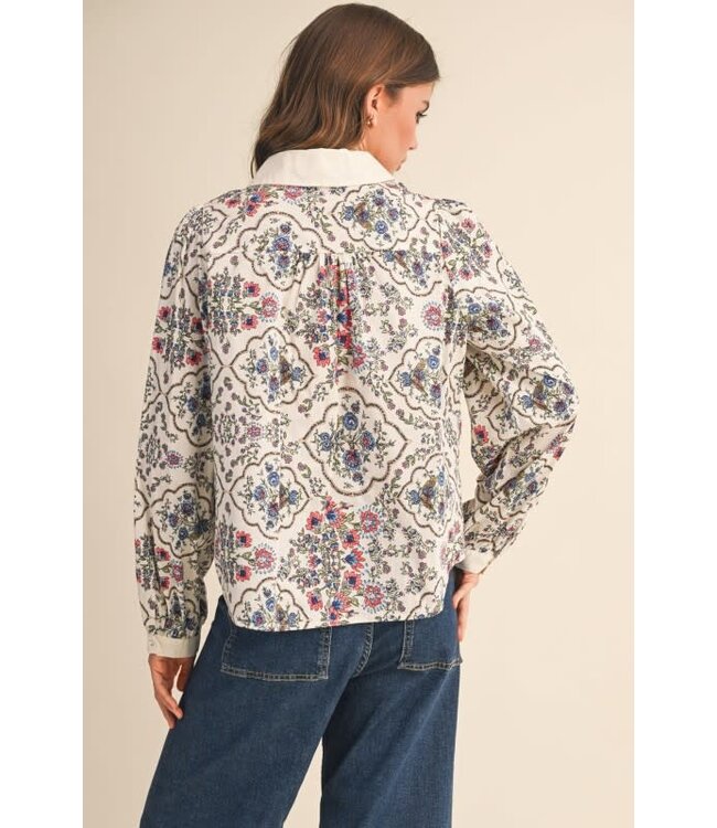 Abigail Exclusive Floral Border Print Button Up Top