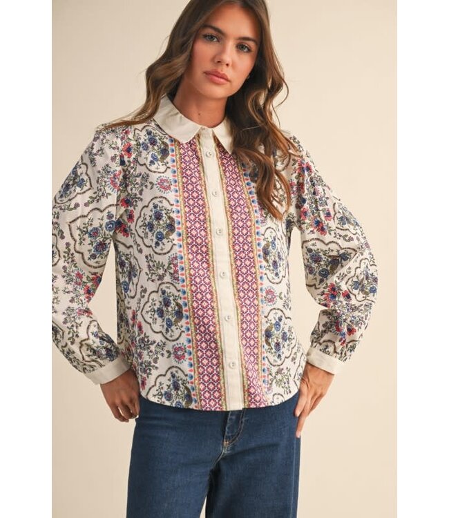 Abigail Exclusive Floral Border Print Button Up Top