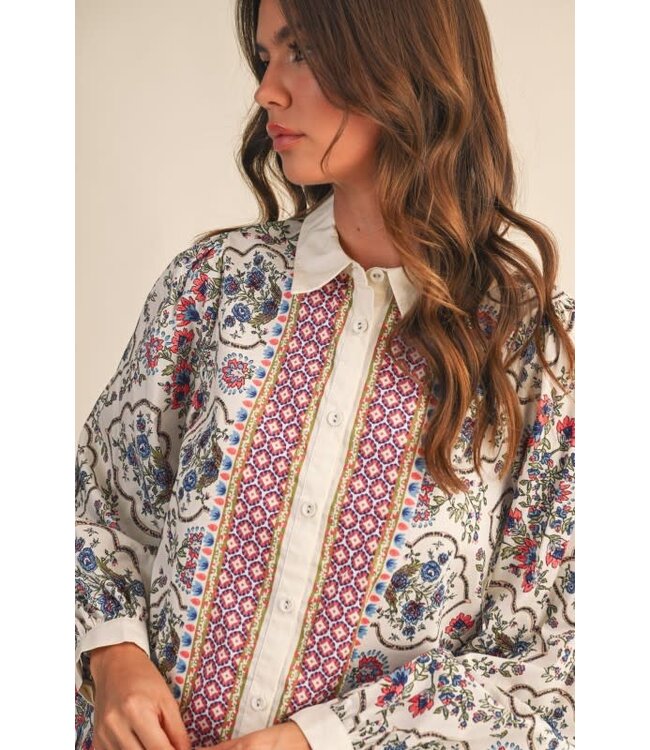 Abigail Exclusive Floral Border Print Button Up Top