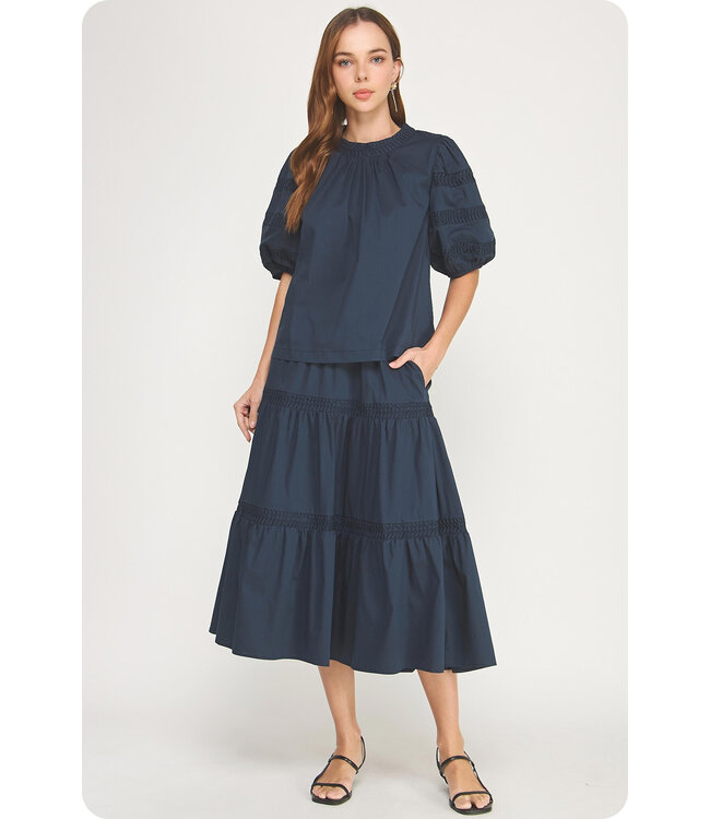 Madeline Reverse Pintuck Tiered Midi Skirt