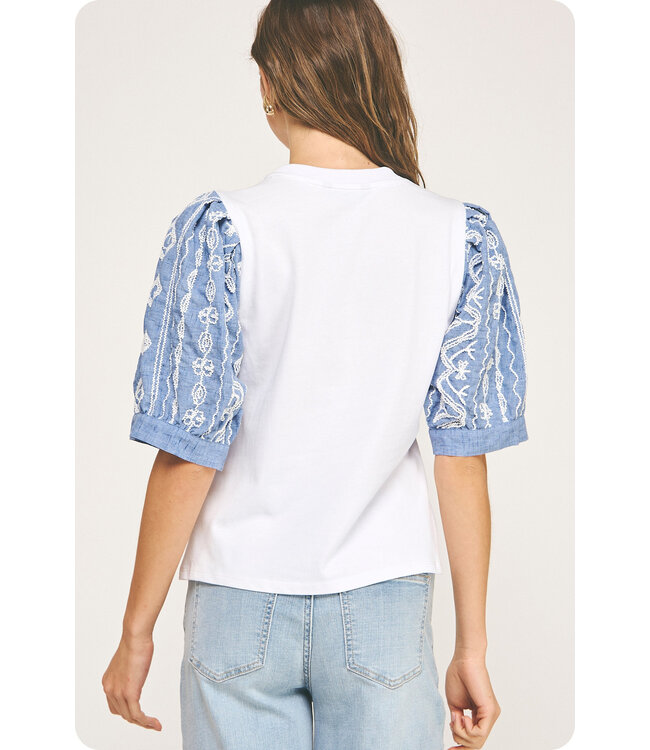 Anna Embroidery Puff Sleeve Knit Tee Top