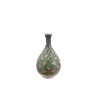 Hand-Painted Stoneware Vase with Pattern, Green, Pink & Blue