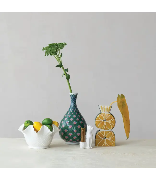 Hand-Painted Stoneware Vase with Pattern, Green, Pink & Blue