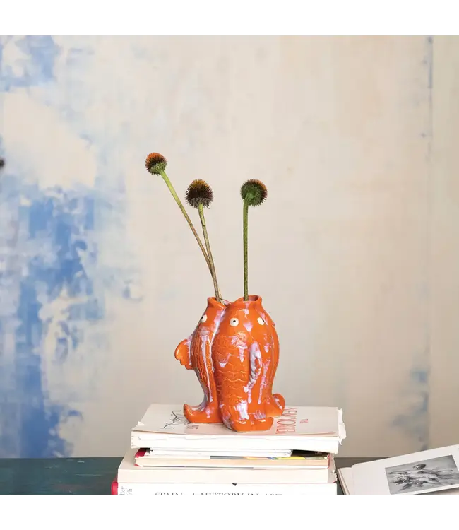 Stoneware Koi Fish Shaped Vase, Reactive Glaze