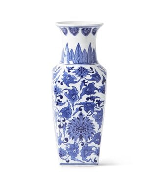 14 Inch Ceramic Blue & White Chinoiserie Square Vase