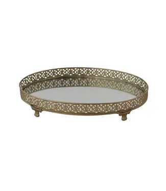 Oval Metal Filigree Footed Tray with Mirror - Gold Finish