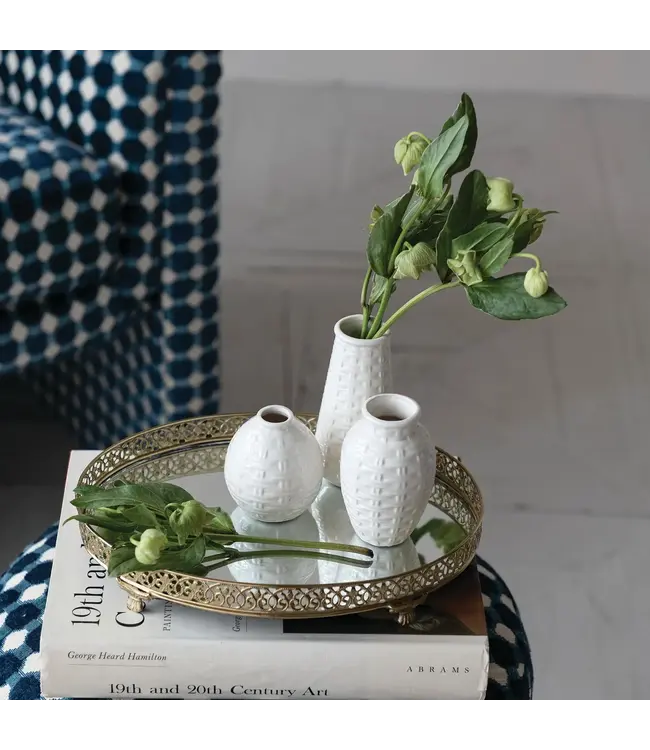 Oval Metal Filigree Footed Tray with Mirror - Gold Finish