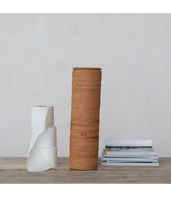 Woven Rattan Toilet Paper Roll Storage w/ Lid