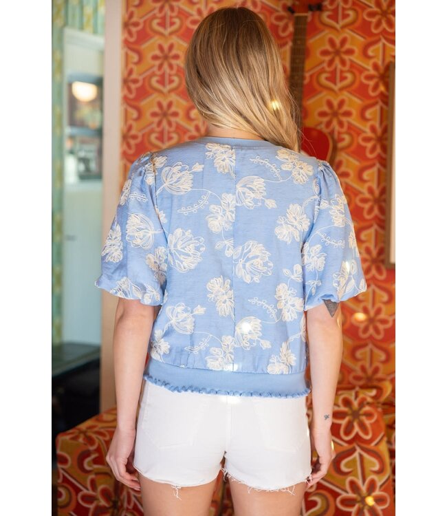 Scarlett Floral Embroidered Elastic Banded Bubble Sleeve Top