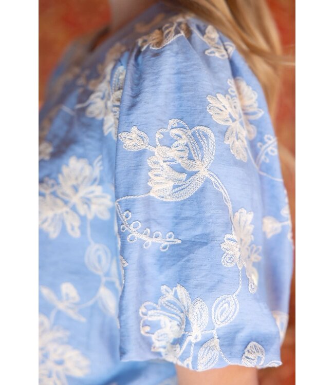 Scarlett Floral Embroidered Elastic Banded Bubble Sleeve Top