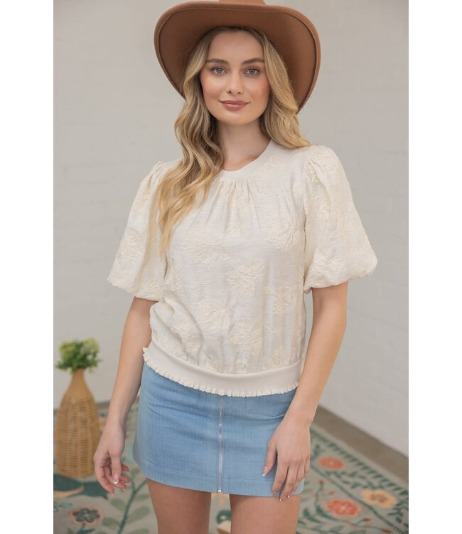 Scarlett Floral Embroidered Elastic Banded Bubble Sleeve Top