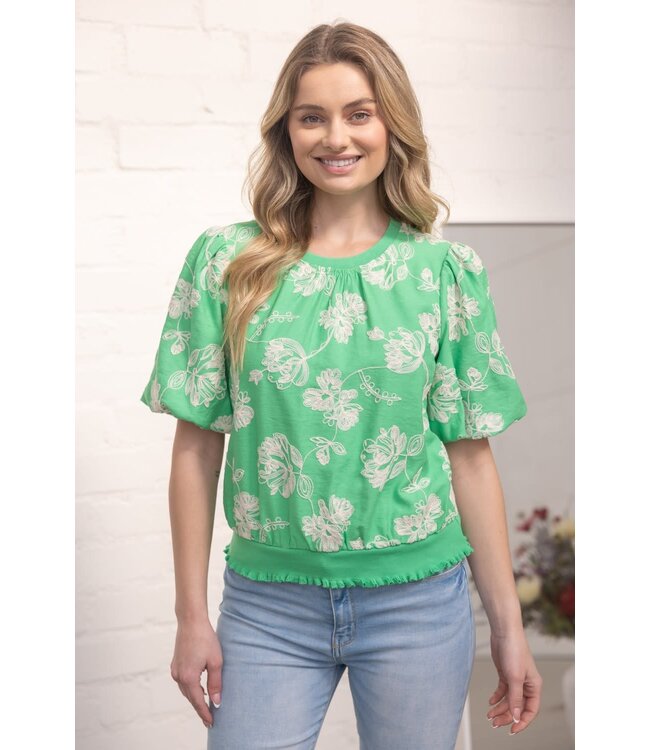 Scarlett Floral Embroidered Elastic Banded Bubble Sleeve Top