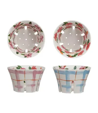 Stoneware Berry Bowl with Plaid & Floral Pattern - Sold Individually