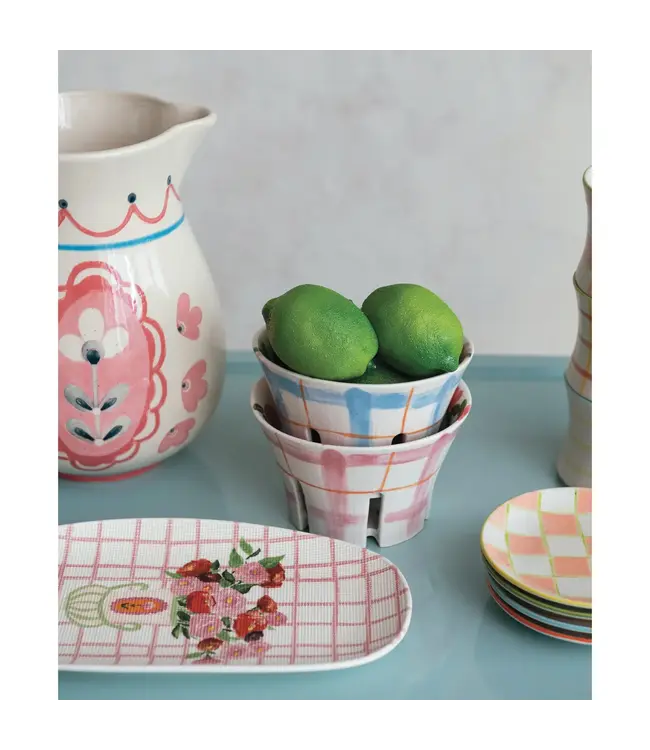 Stoneware Berry Bowl with Plaid & Floral Pattern - Sold Individually