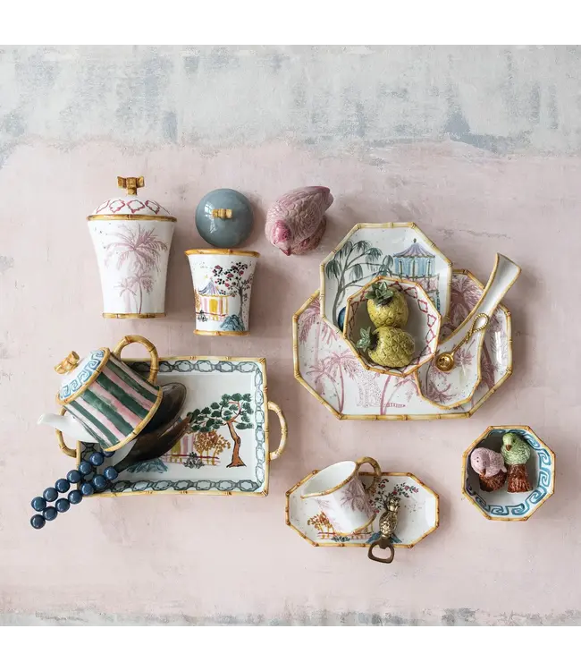 Hand-Painted Stoneware Octagon Shaped Bowl - Sold Individually