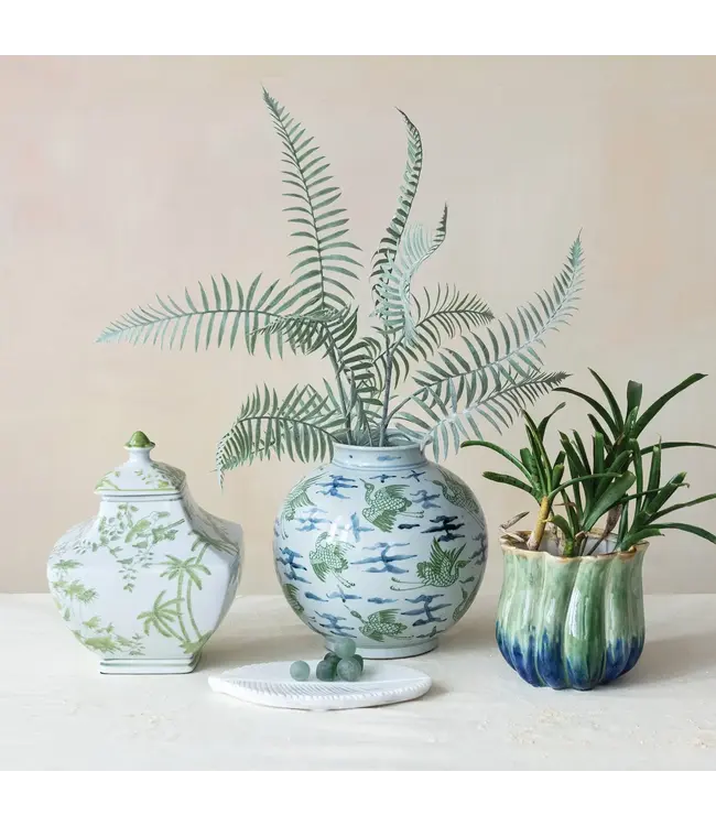 Hand-Painted Stoneware Jar with Botanicals