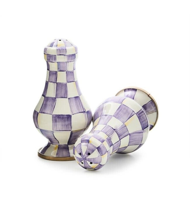 MACKENZIE CHILDS Violet Check Large Salt & Pepper Shakers - Sold as Set