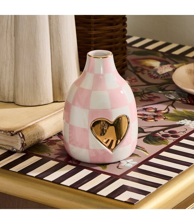 MACKENZIE CHILDS Rosy Check Short heart Bud Vase