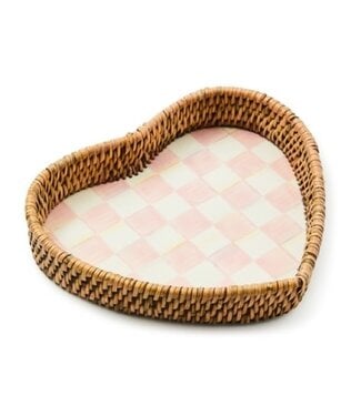 MACKENZIE CHILDS Rosy  Check Enamel & Rattan Heart Tray