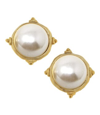 SUSAN SHAW Gold and White Pearl Cabochon Earrings