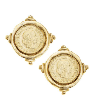SUSAN SHAW Gold Intaglio Coin Pierced Earrings