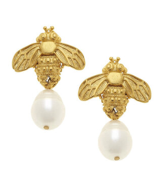 SUSAN SHAW Gold Bee and Genuine Freshwater Pearl Earrings