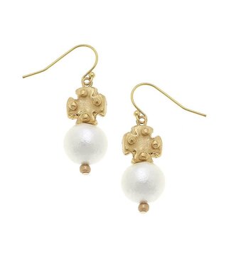 SUSAN SHAW Cotton Pearl and Mini Gold Cross Earrings