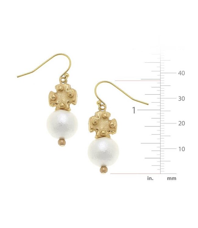 SUSAN SHAW Cotton Pearl and Mini Gold Cross Earrings