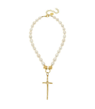 SUSAN SHAW Pearl Tall Cross Necklace