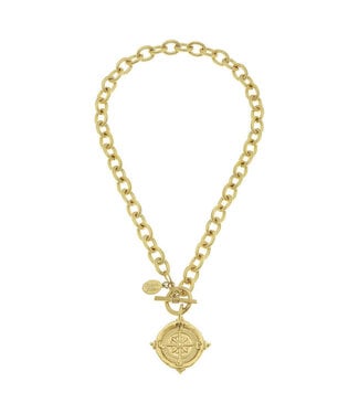 SUSAN SHAW Handcast Gold Compass Front Toggle Necklace