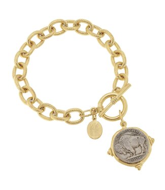 SUSAN SHAW Gold and Silver Vintage Buffalo Head Coin Bracelet