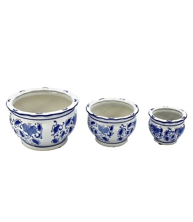 Blue & White Round Floral Ceramic Pots Ruffled Lip - Sold Individually