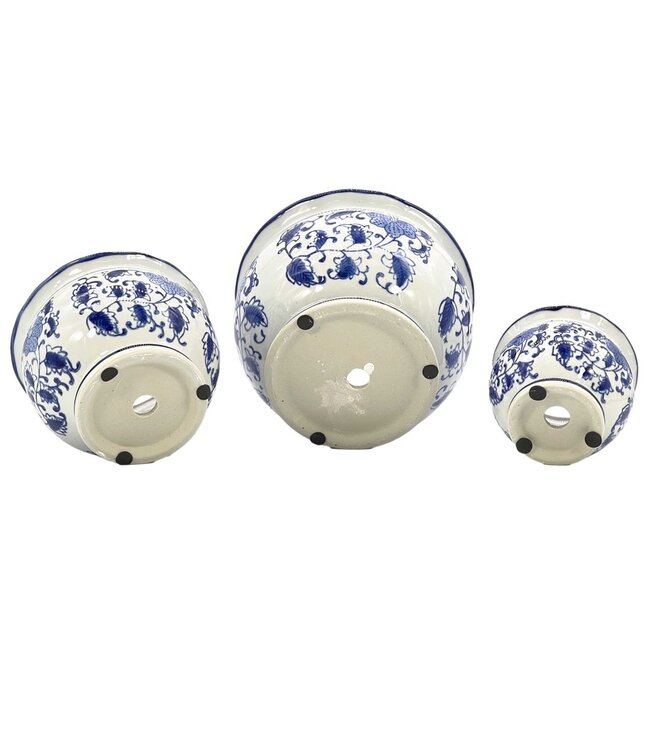 Blue & White Round Floral Ceramic Pots Ruffled Lip - Sold Individually