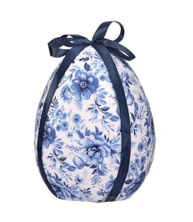 Fabric Toile Easter Egg W Bow  - Blue White