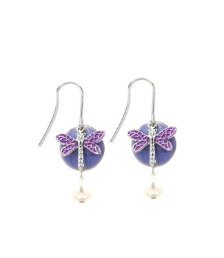 SILVER FOREST Purple Dragonfly on Purple Disc Drop Earrings