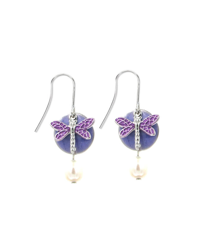 SILVER FOREST Purple Dragonfly on Purple Disc Drop Earrings
