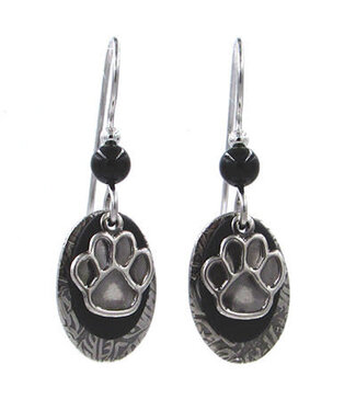 SILVER FOREST Black Paw Print on Layered Oval Drop Earrings