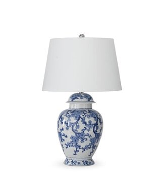 30 Inch Ceramic Blue & White Chinoiserie Ginger Jar Lamp with White Shade