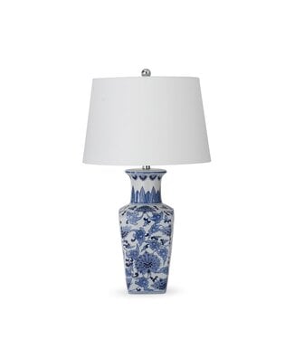29 Inch Ceramic Blue & White Chinoiserie Square Lamp with White Shade
