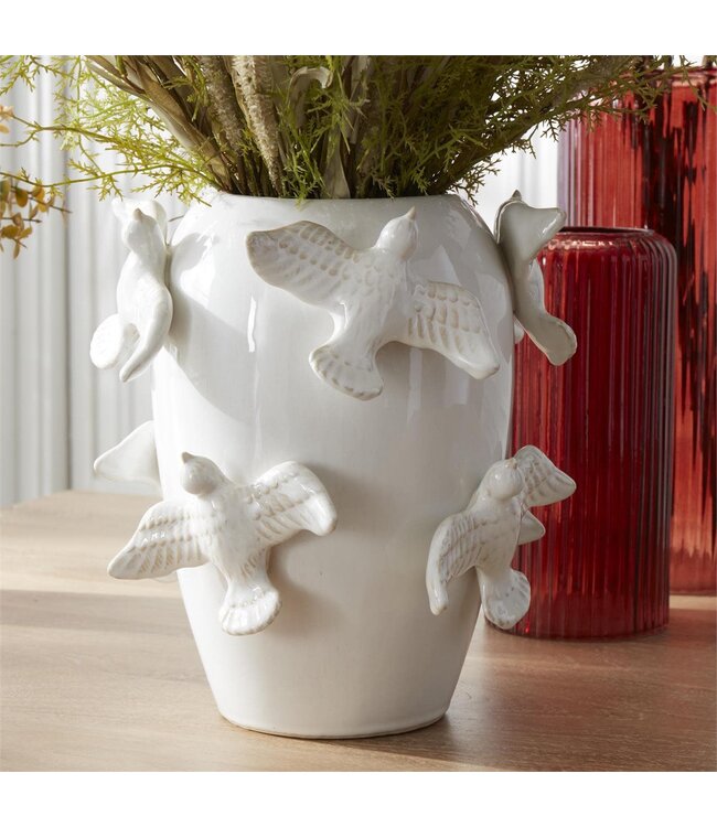 12 Inch White Ceramic 8 3D Bird Vase