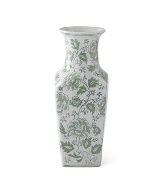 14 Inch Green & White Floral Ceramic Vase