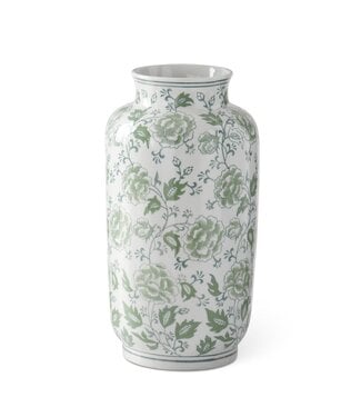 15 Inch Green & White Floral Ceramic Vase