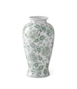 12.25 Inch Green & White Floral Ceramic Vase