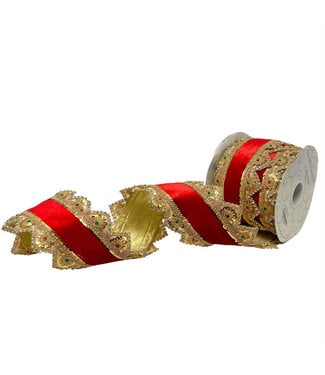 4” x 5yd Gold Trim w/ Jewels on The Edge Of Red Velvet Ribbon