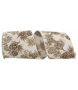 Pinecone Glitter Outlines Linen Wired Edge Ribbon - Ivory