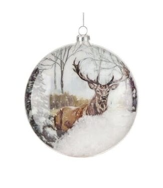 6” Glass with Snow Deer Disk Ornament