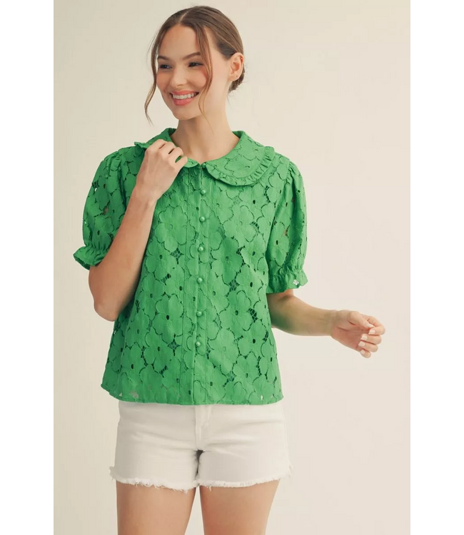 Layla Short Sleeves Button Down 3D Lace Top