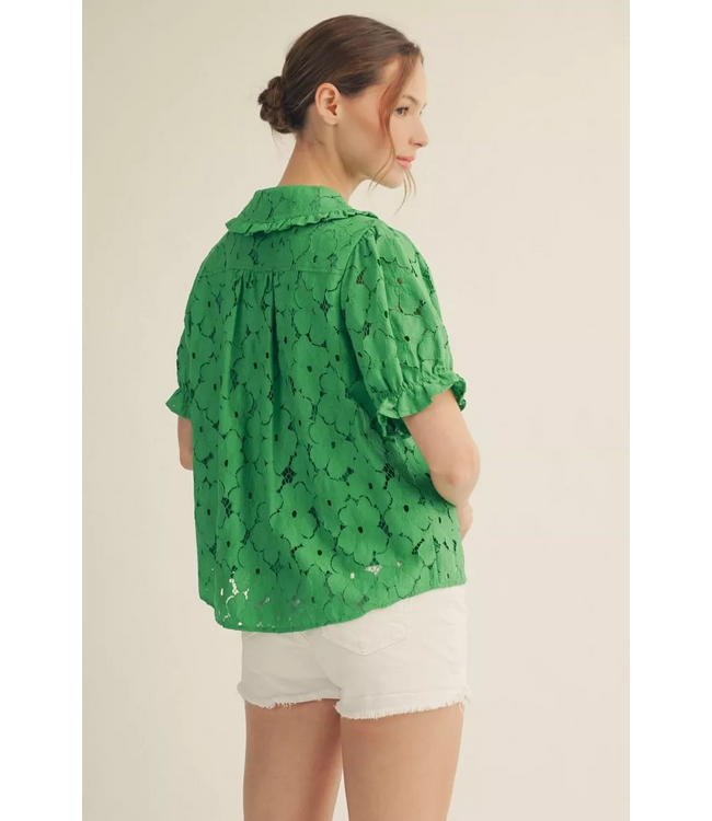 Layla Short Sleeves Button Down 3D Lace Top