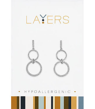 Silver Double Circle w/ CZ's Stud Layers Earrings